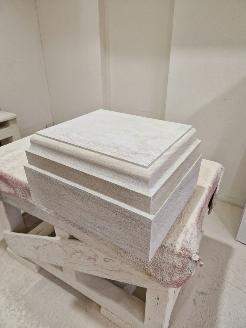 Hand-cut limestone pier cap with a weathered top and moulded throating, worked on the banker in the masonry workshop