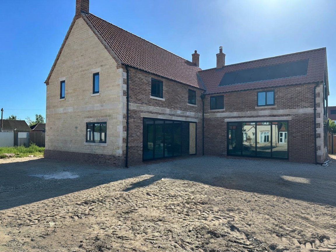 Newly completed house in coursed limestone and handmade brick with ashlar quoins, banding, dressed window surrounds and a pantile roof