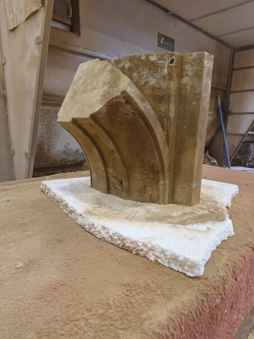 Moulded limestone arch springer with a curved rebated profile, cut in the workshop ready for setting