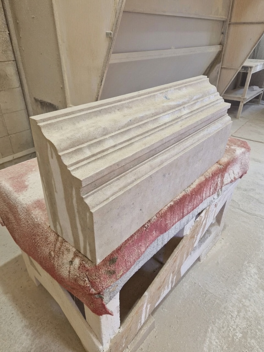 Length of moulded limestone coping with stepped weathered profiles, hand-finished on the banker in the masonry workshop