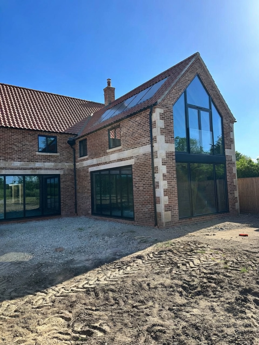 Completed new build house in handmade facing brick with dressed stone quoins and window surrounds, a pantile roof and a full-height glazed gable
