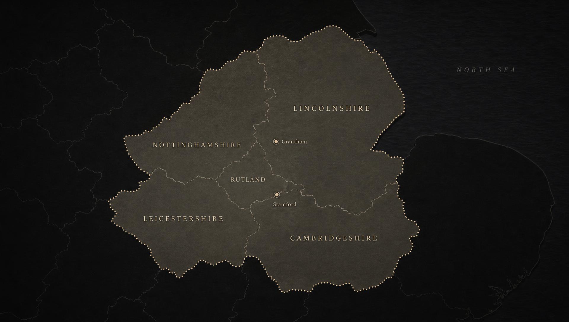 Map showing Manor Masonry's coverage area across Lincolnshire, Cambridgeshire, Rutland, Nottinghamshire and Leicestershire, with bases in Stamford and Grantham